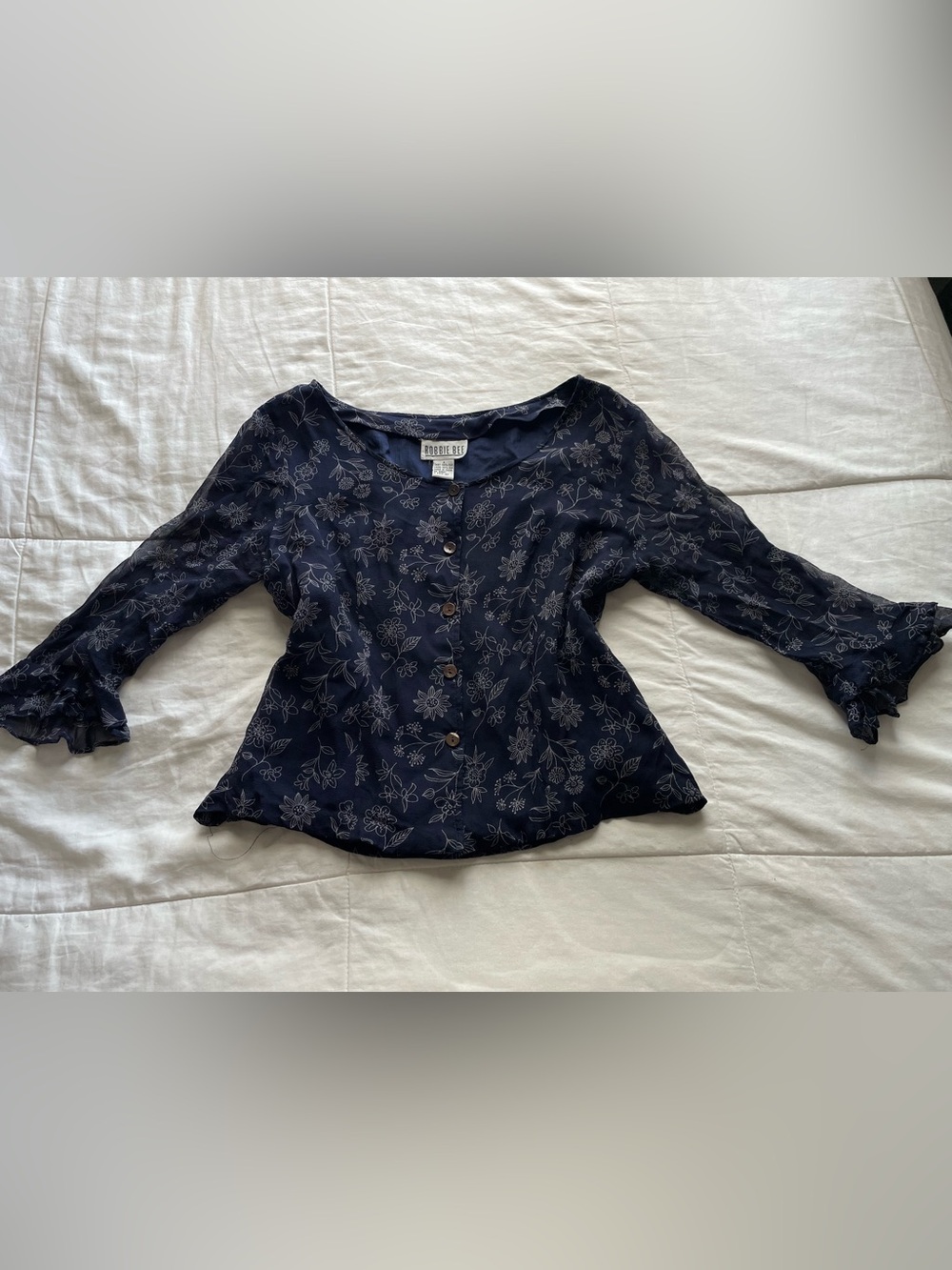 Robbie Bee Vintage Silk Blue Floral Sheer Button Crop Top 8 Cottagecore Dainty